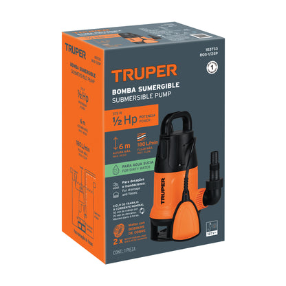 BOMBA SUMERGIBLE PARA AGUA SUCIA 1/2 HP, TRUPER 103733 *