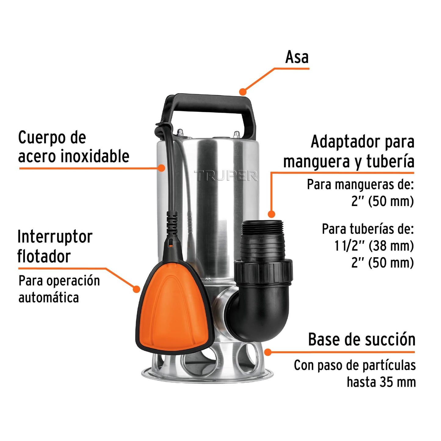 BOMBA SUMERGIBLE ACERO INOXIDABLE, AGUA SUCIA, 1HP, TRUPER 12607 *