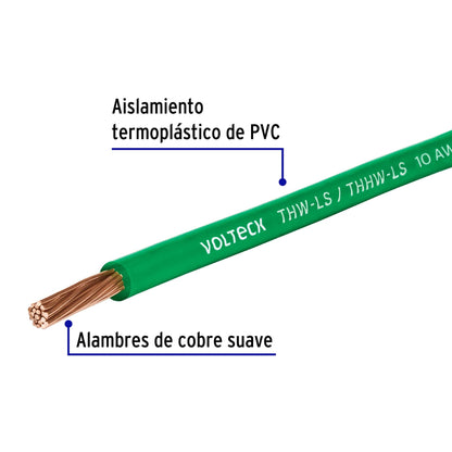 ROLLO DE 100 M DE CABLE THHW-LS 10 AWG VERDE, VOLTECK 46063 *