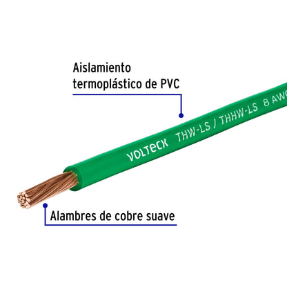 ROLLO DE 100 M DE CABLE THHW-LS 8 AWG VERDE, VOLTECK 46062 *