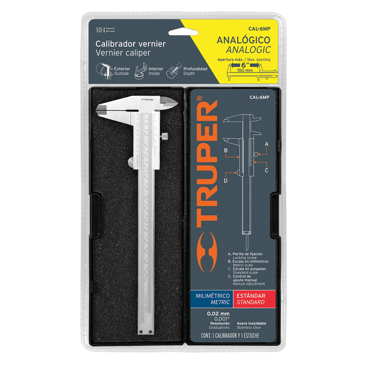 CALIBRADOR VERNIR ANALÒGICO 6'', ACERO INOX, STD Y MM, TRUPER 14394 *