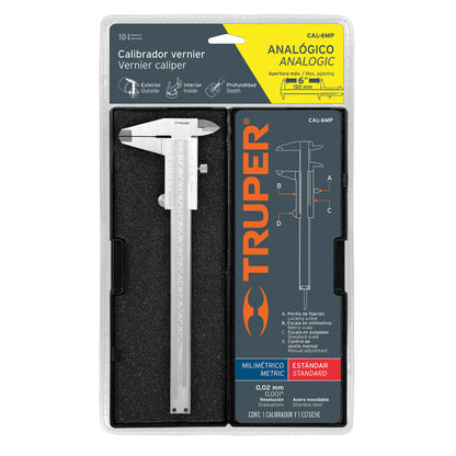 CALIBRADOR VERNIR ANALÒGICO 6'', ACERO INOX, STD Y MM, TRUPER 14394 *