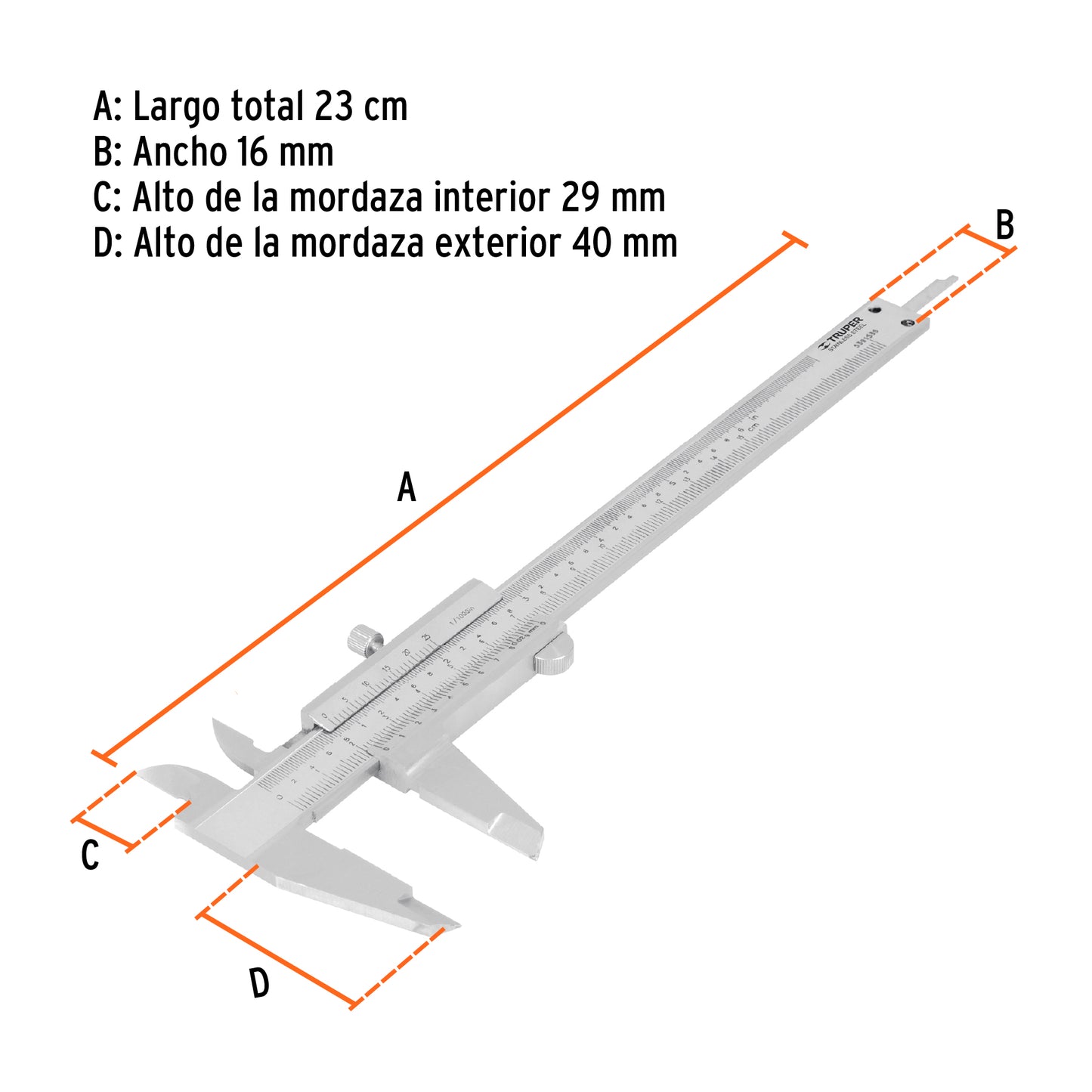 CALIBRADOR VERNIR ANALÒGICO 6'', ACERO INOX, STD Y MM, TRUPER 14394 *