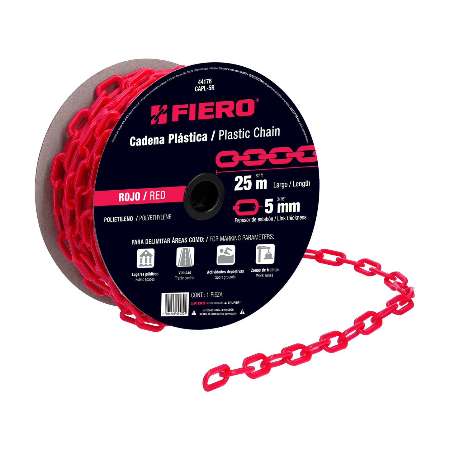 METRO DE CADENA DE 5 MM DE PLÁSTICO ROJA 44176 P