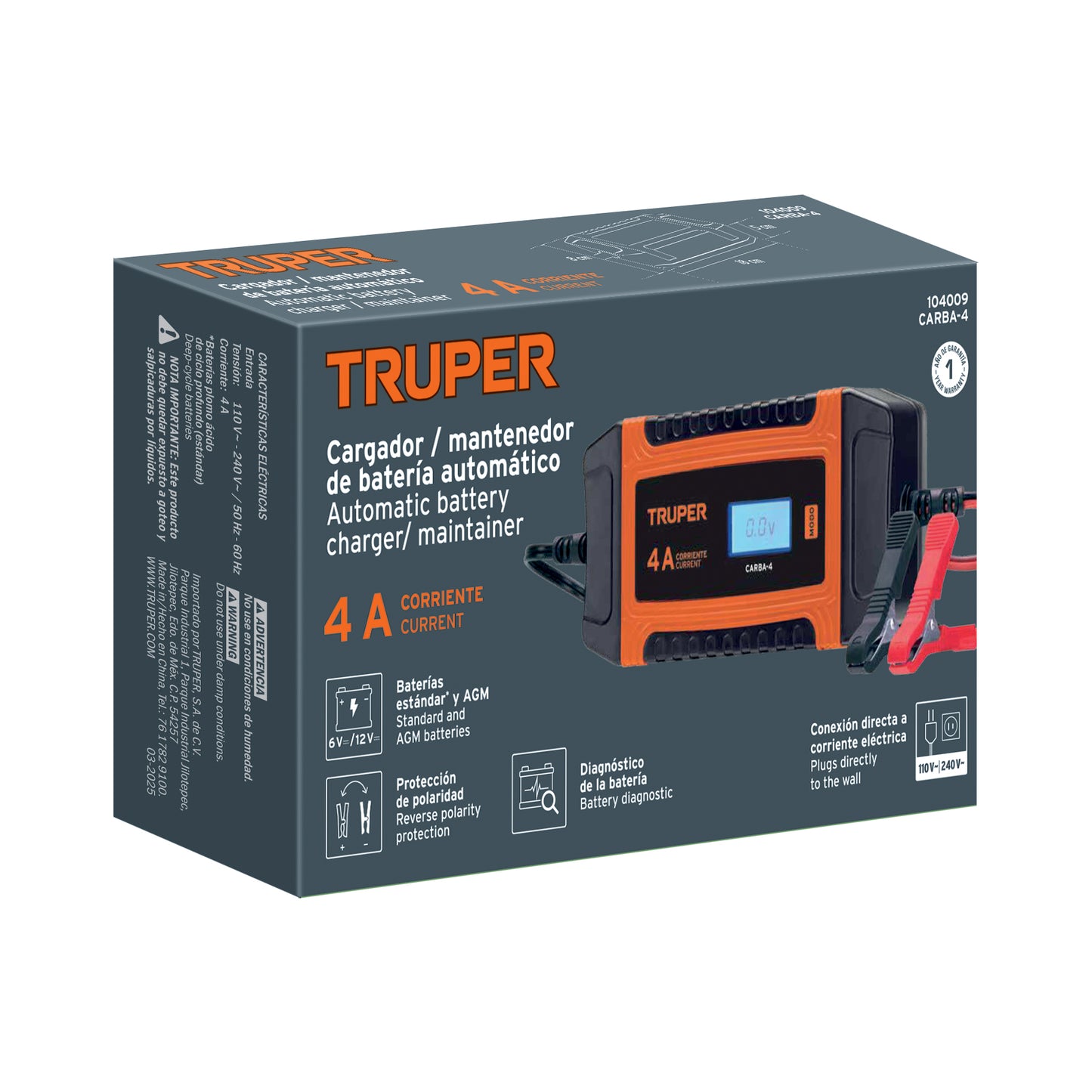 CARGADOR Y MANTENEDOR AUTOMÁTICO DE BATERÍAS 4 A, 6V Y 12V 104009 *