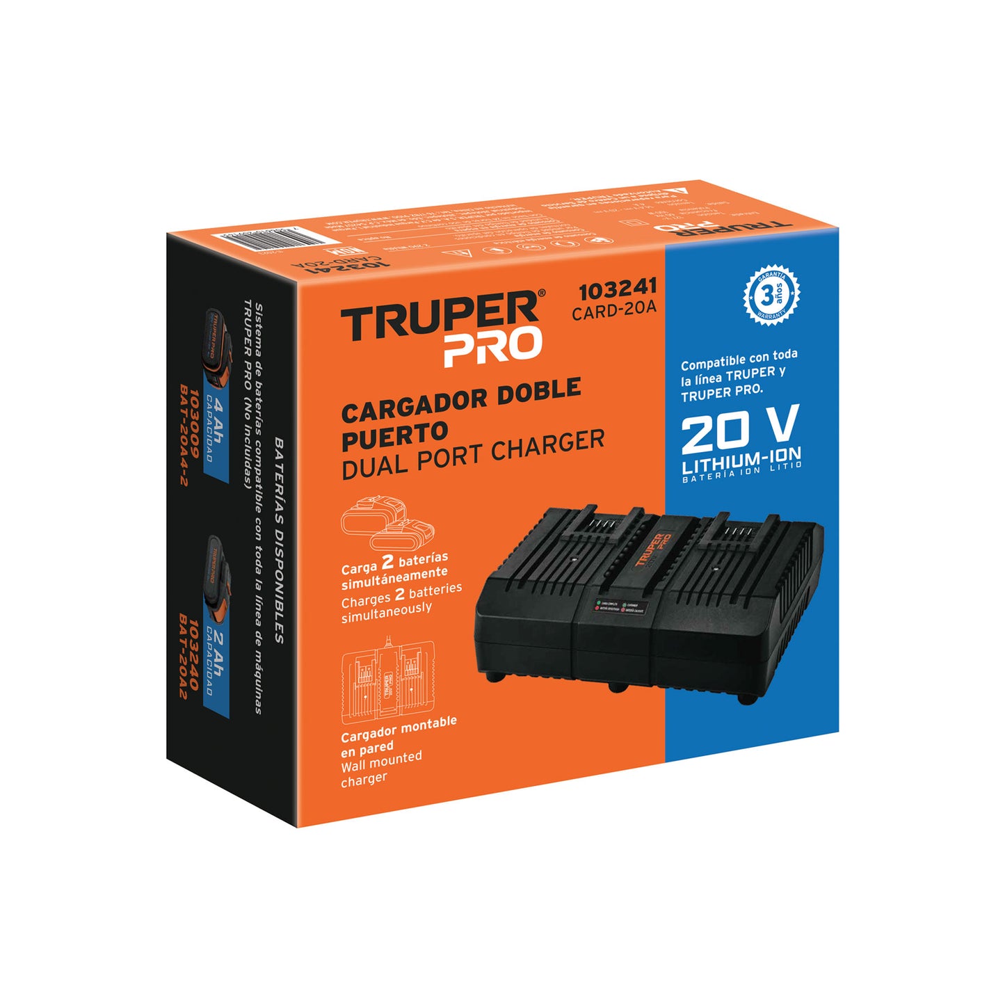CARGADOR DUAL DE BATERÍAS DE ION LITIO 20V, TRUPER PRO P