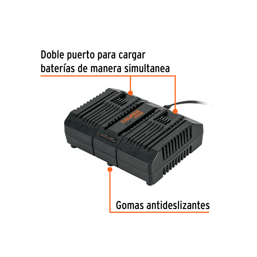 CARGADOR DUAL DE BATERÍAS DE ION LITIO 20V, TRUPER PRO P
