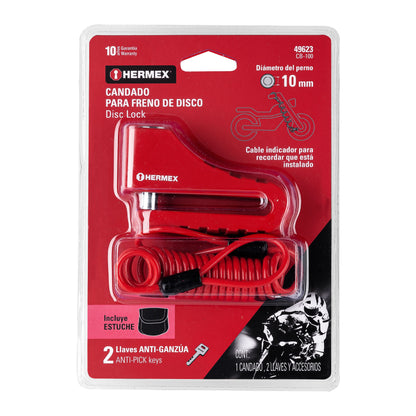 CANDADO PARA DISCO DE MOTOCICLETA, PERNO DE 10 MM, HERMEX 49623 *