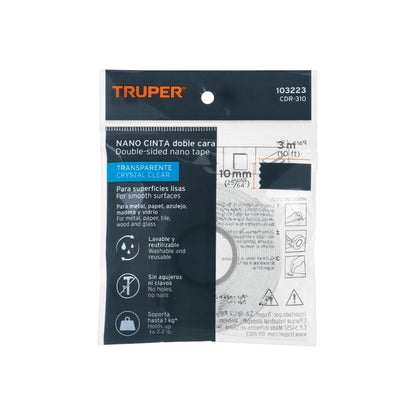 CINTA DOBLE CARA REUTILIZABLE, TRANSPARENTE 3M X 10MM, TRUPER 103223 *
