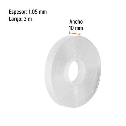 CINTA DOBLE CARA REUTILIZABLE, TRANSPARENTE 3M X 10MM, TRUPER 103223 *