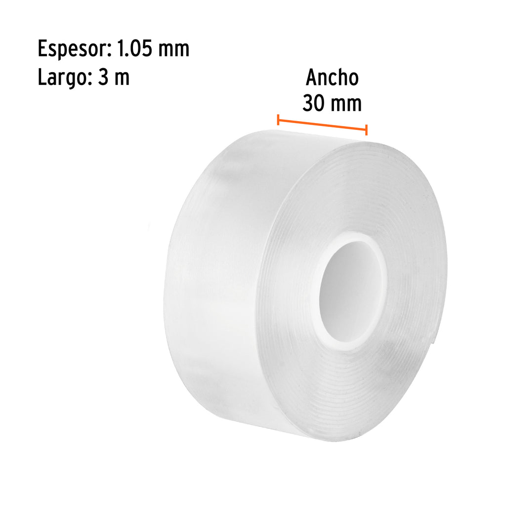 CINTA DOBLE CARA REUTILIZABLE, TRANSPARENTE 3M X 30MM, TRUPER 103222 *