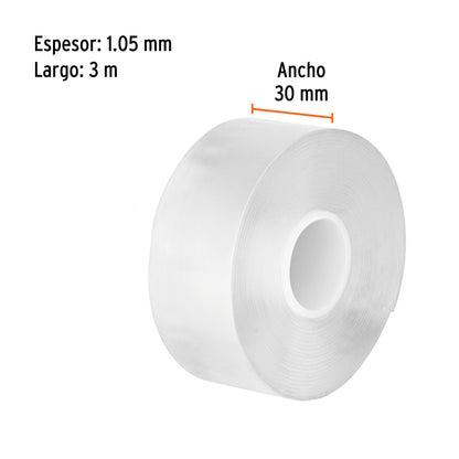 CINTA DOBLE CARA REUTILIZABLE, TRANSPARENTE 3M X 30MM, TRUPER 103222 *