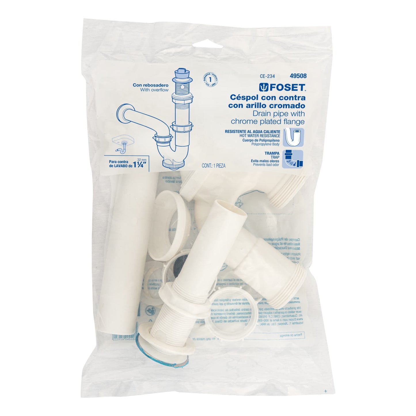 CÈSPOL RIGIDO 1-1/4'', CON CONTRA, POLIPROPILENO, PARA LAVABO 49508 *