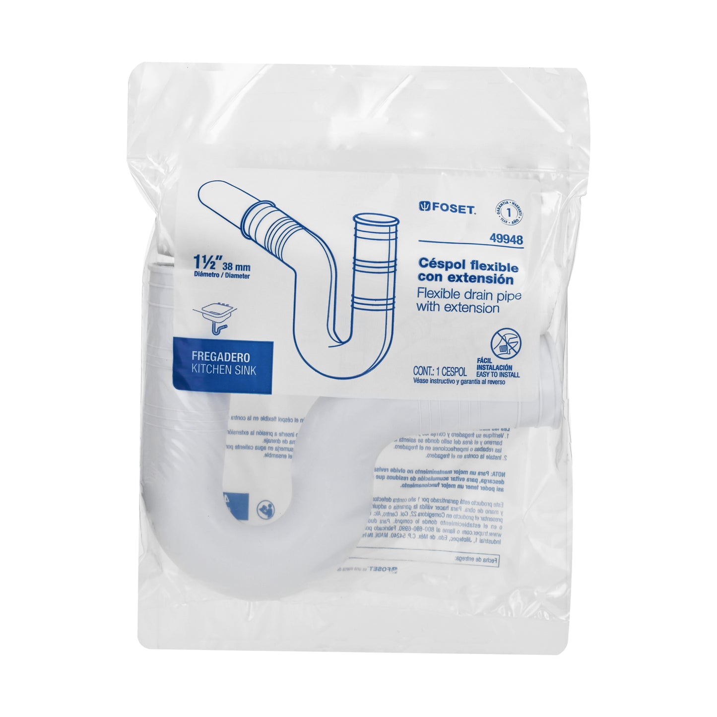 CÈSPOL FLEXIBLE PARA FREGADERO, PVC C/EXT 20 CM,1-1/2' 49948 P