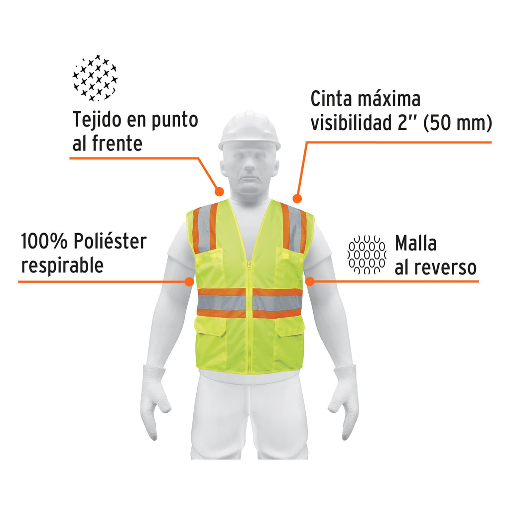 CHALECO DE SEGURIDAD VERDE MAX VISIBILIDAD Y 6 BOLSAS 13476 *