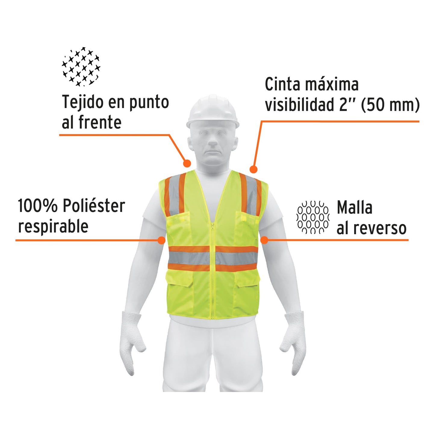 CHALECO DE SEGURIDAD VERDE MAX VISIBILIDAD Y 6 BOLSAS 13476 *