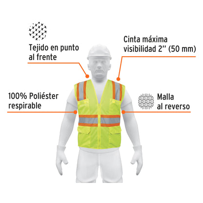 CHALECO DE SEGURIDAD VERDE MAX VISIBILIDAD Y 6 BOLSAS 13476 *