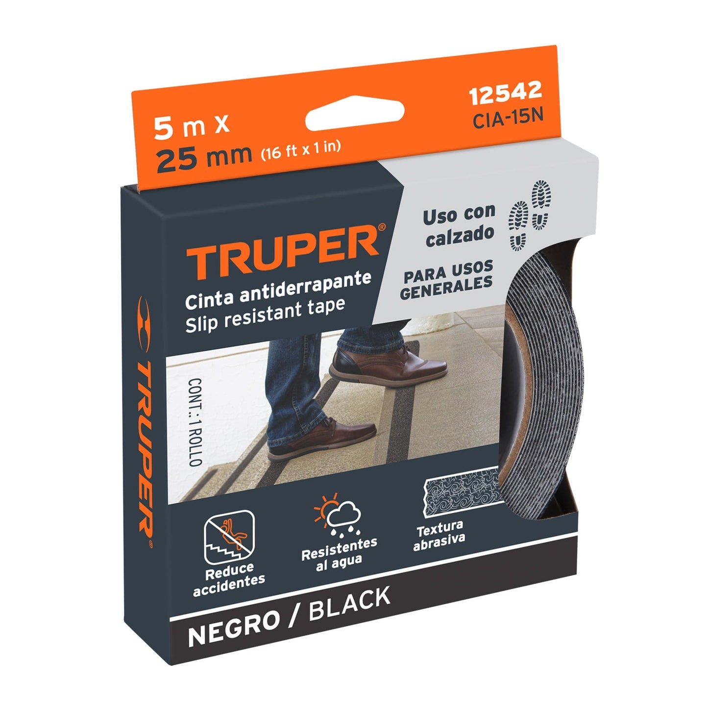 ROLLO DE 5 M DE CINTA ANTIDERRAPANTE NEGRA 25MM CON ABRASIVO 12542 *