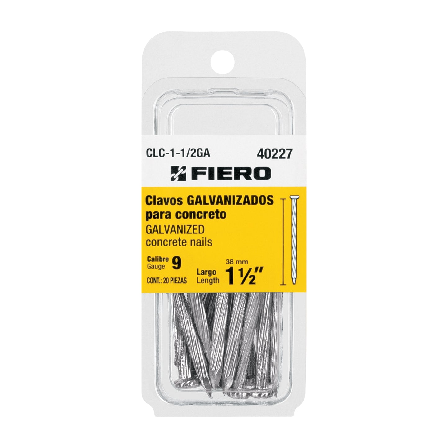 Blíster con 20 clavos galvanizados p/concreto 1-1/2", FIERO 40227