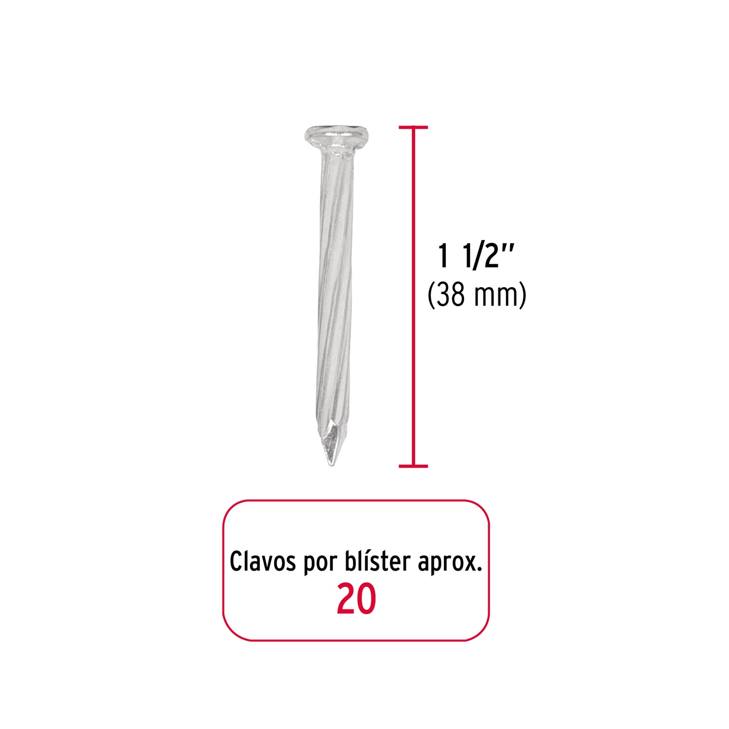 Blíster con 20 clavos galvanizados p/concreto 1-1/2", FIERO 40227