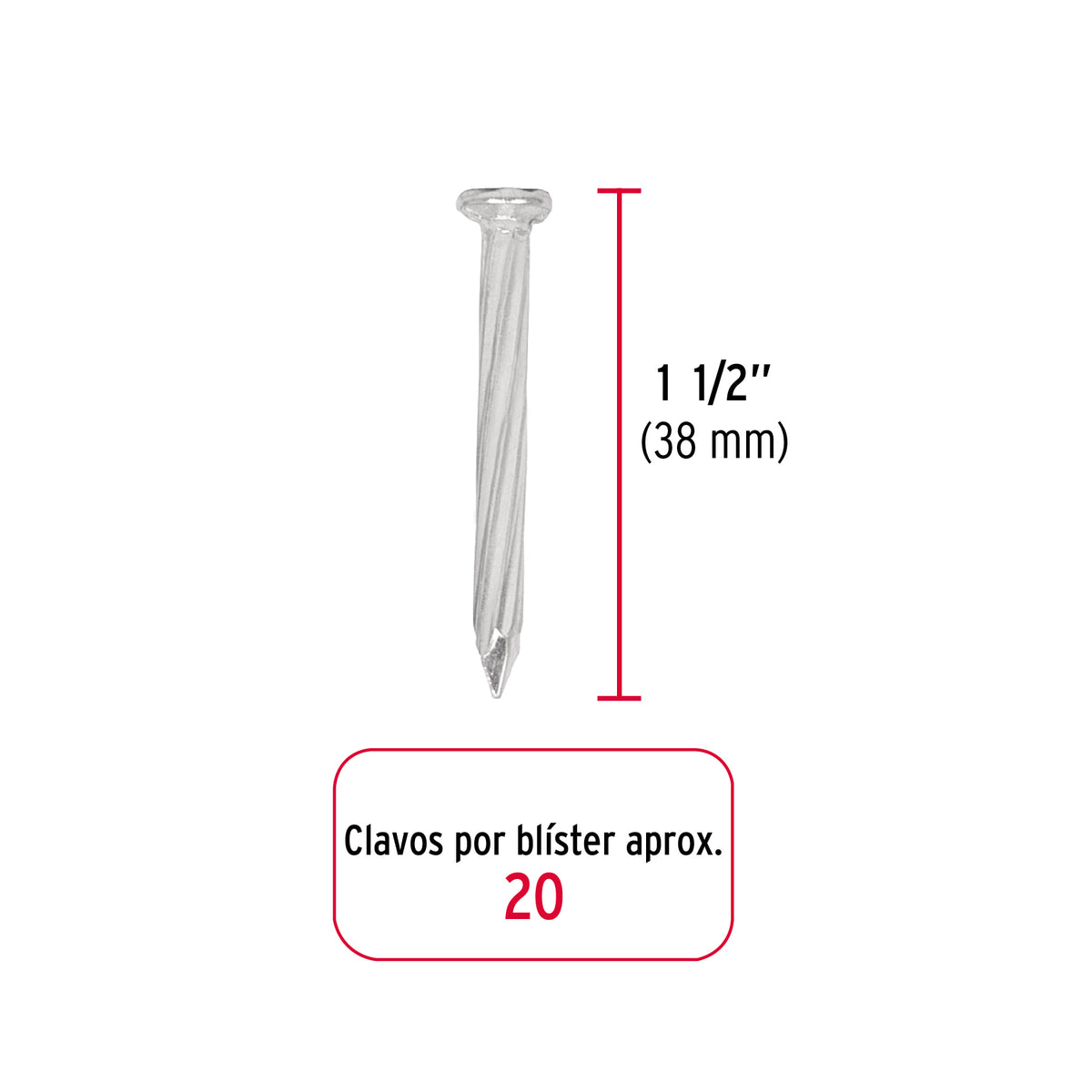 Blíster con 20 clavos galvanizados p/concreto 1-1/2", FIERO 40227
