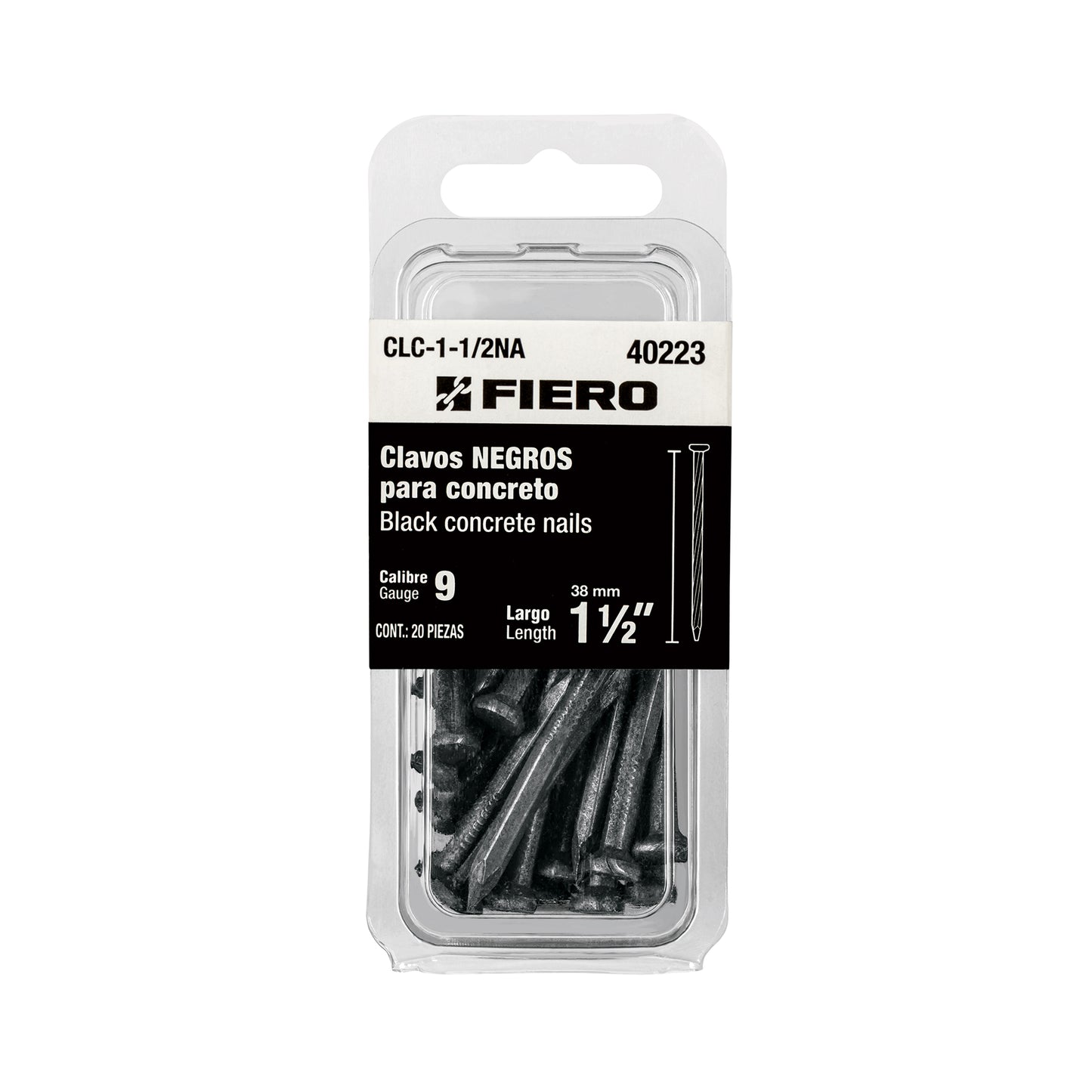 Blíster con 20 clavos negros para concreto 1-1/2", FIERO 40223