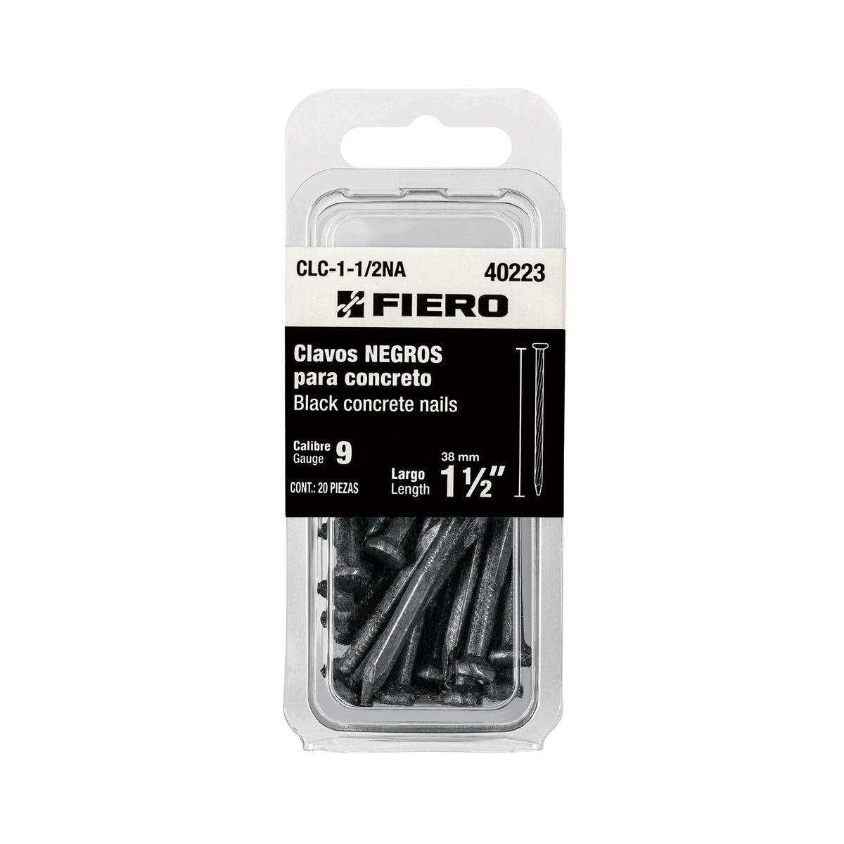 Blíster con 20 clavos negros para concreto 1-1/2", FIERO 40223