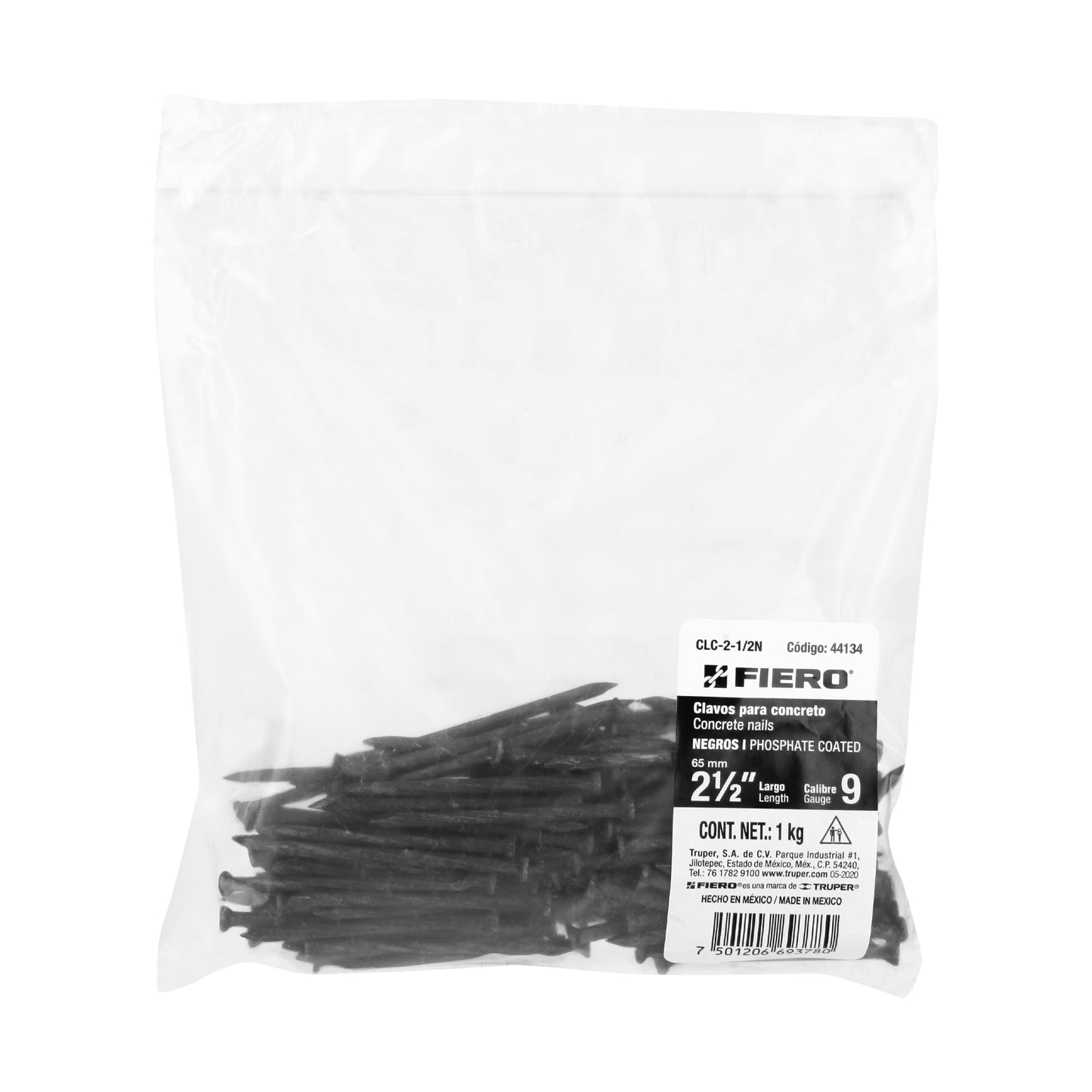 BOLSA CON 1 KG DE CLAVOS PARA CONCRETO NEGROS 2-1/2", FIERO 44134 *
