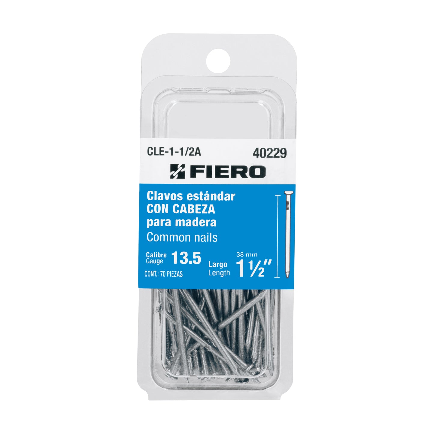 Blíster con 70 clavos estándar 1-1/2" con cabeza, FIERO 40229