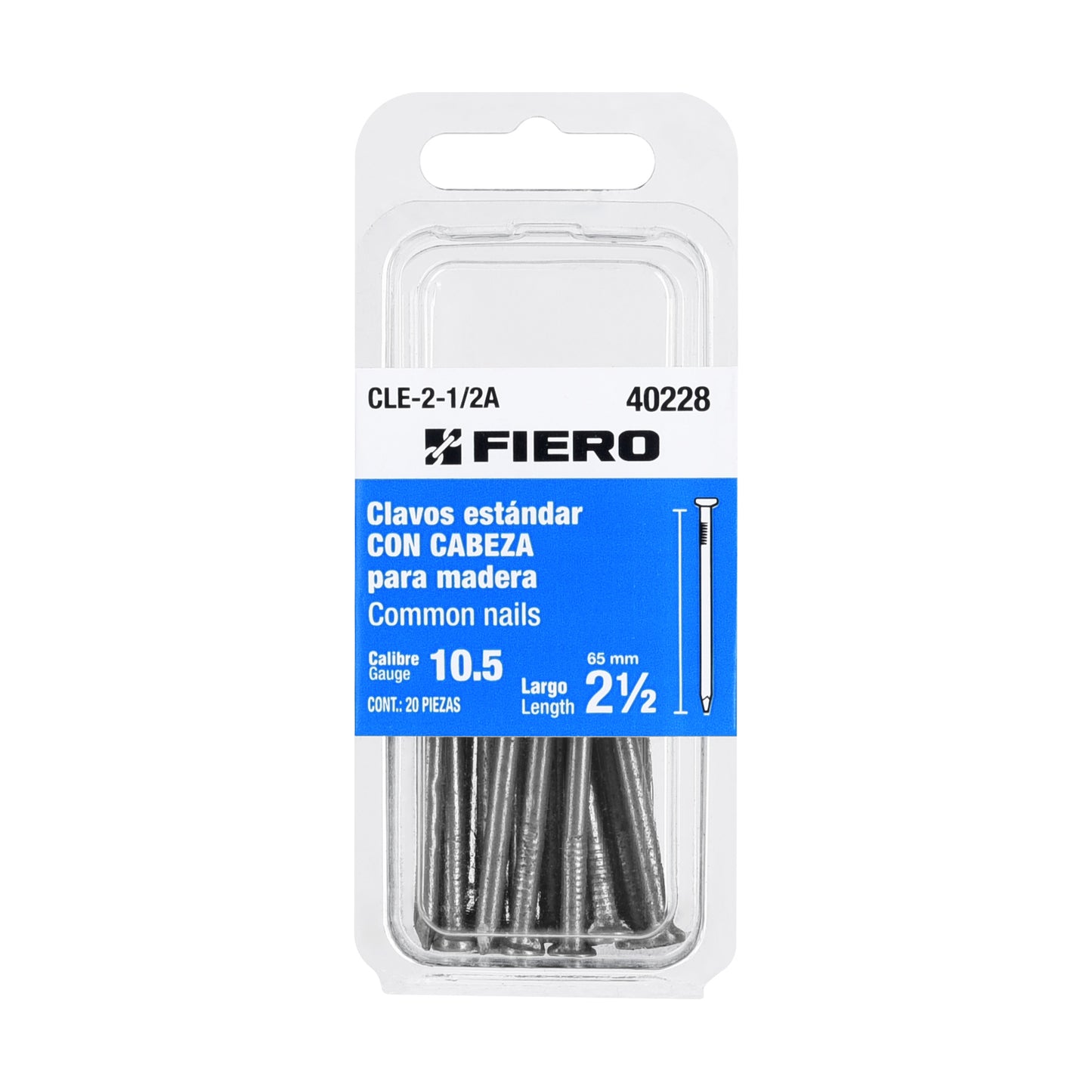 Blíster con 20 clavos estándar 2-1/2" con cabeza, FIERO 40228