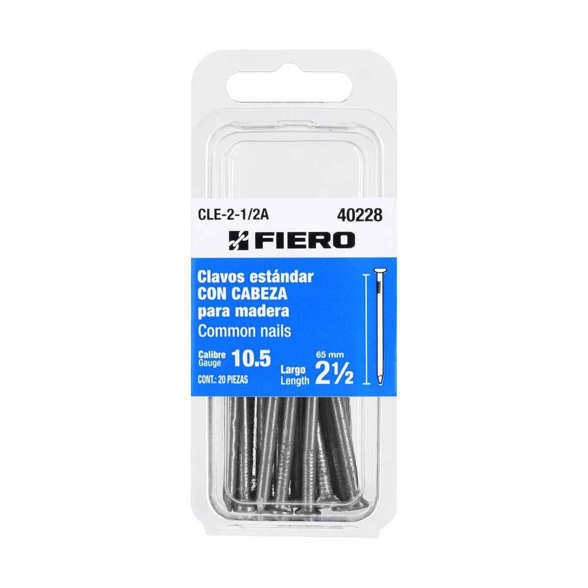 Blíster con 20 clavos estándar 2-1/2" con cabeza, FIERO 40228