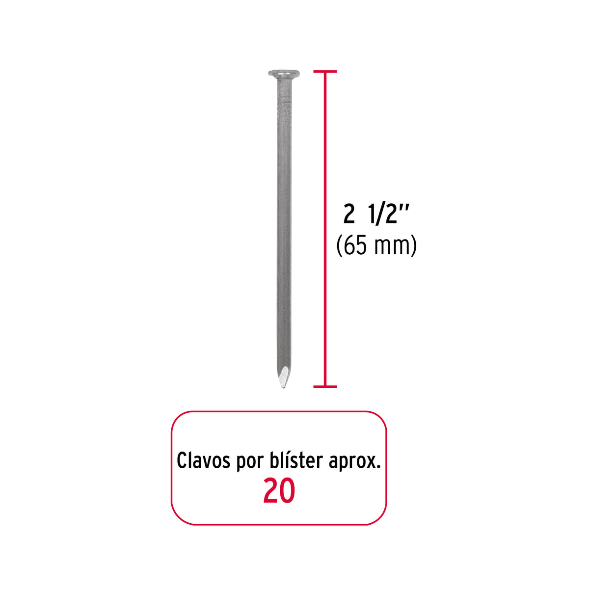 Blíster con 20 clavos estándar 2-1/2" con cabeza, FIERO 40228