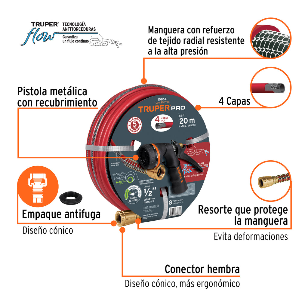 COMBO MANGUERA Y PISTOLA DE RIEGO, 20 M TRUPER 10864 *