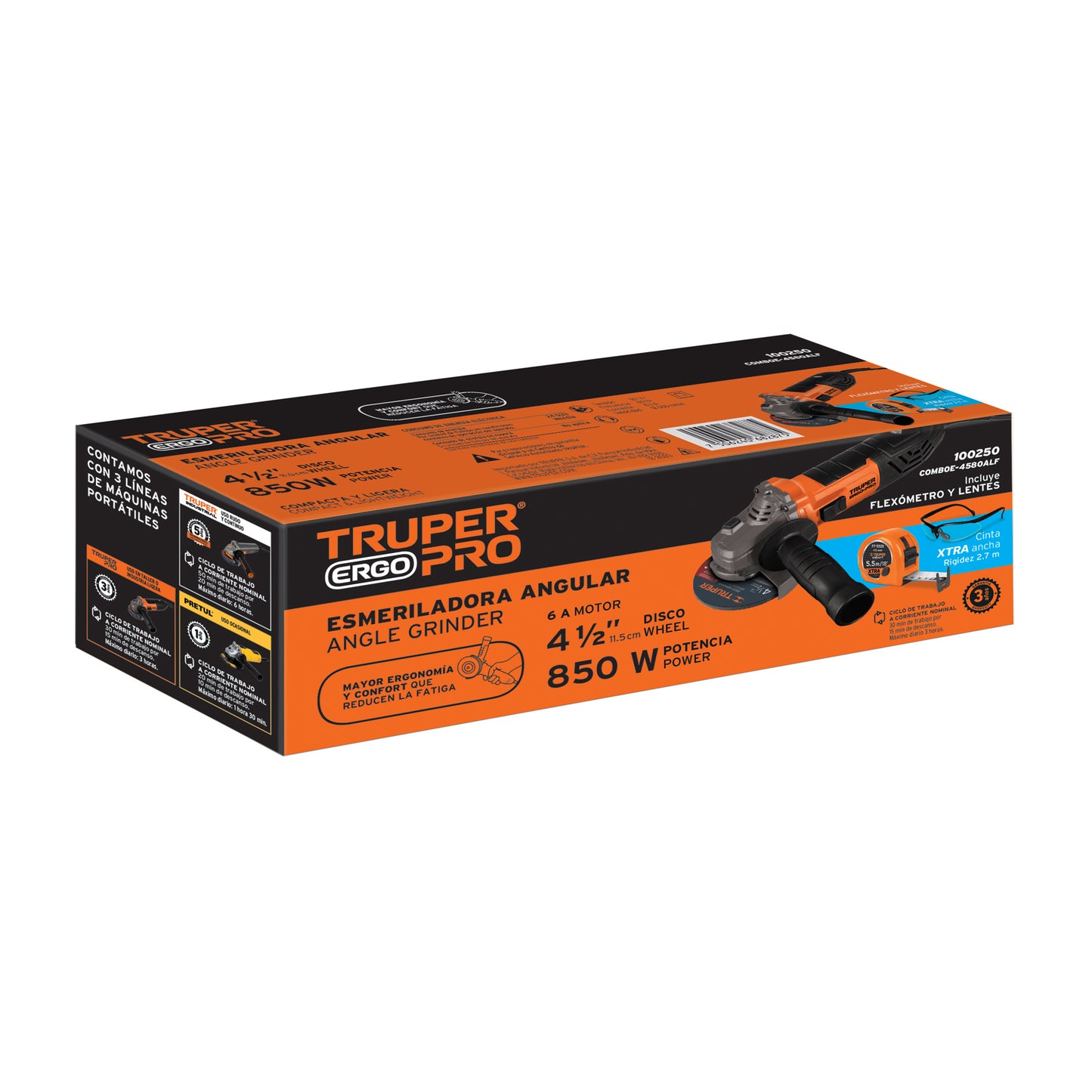 COMBO ESMERILADORA 4-1/2' 800W, LENTES Y FLEXÓMETRO ERGO-PRO 100250 *