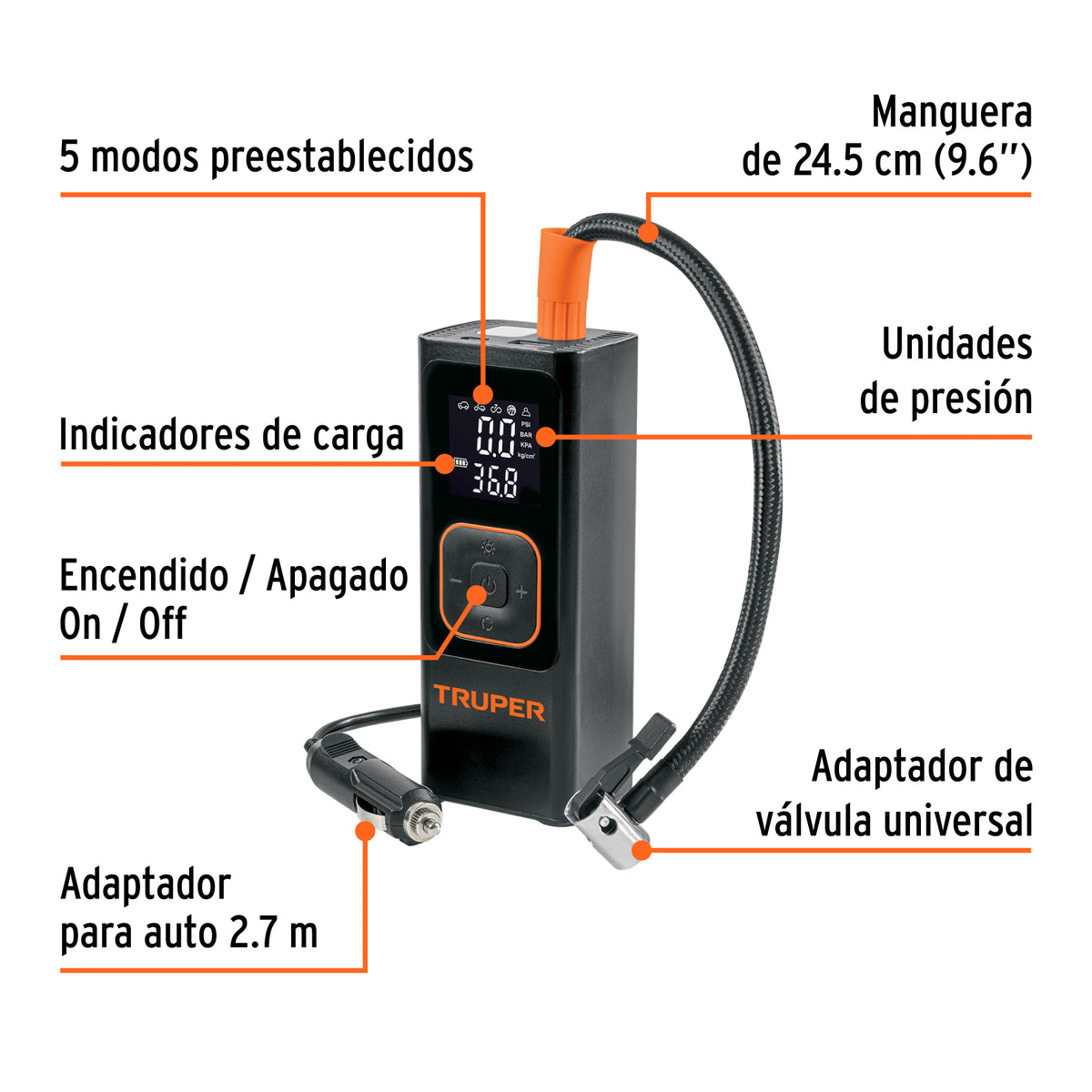 INFLADOR DE AIRE INALÁMBRICO PORTÁTIL 150 PSI, TRUPER 104020 *
