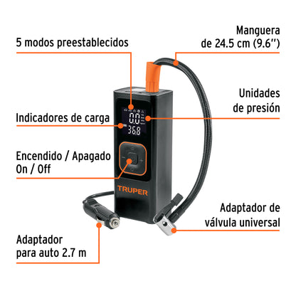 INFLADOR DE AIRE INALÁMBRICO PORTÁTIL 150 PSI, TRUPER 104020 *