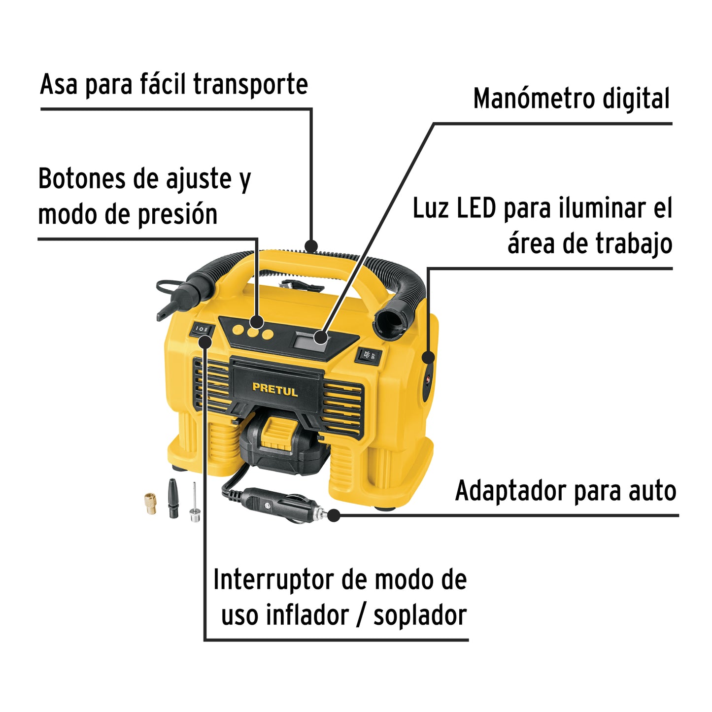 INFLADOR / SOPLADOR PARA AUTO 20 V 1 BATERÍA 2 Ah, PRETUL 29073 *