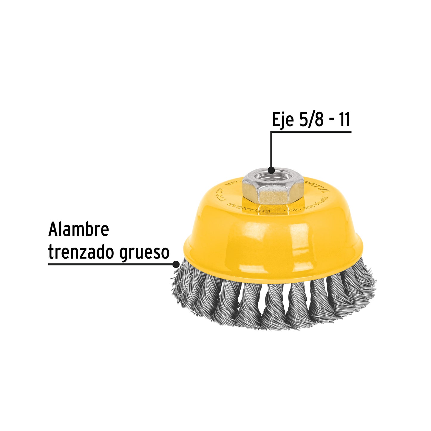 Carda copa 4" alambre trenzado grueso, eje 5/8"-11, PRETUL