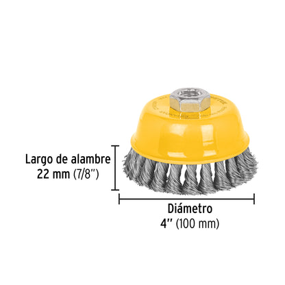 Carda copa 4" alambre trenzado grueso, eje 5/8"-11, PRETUL