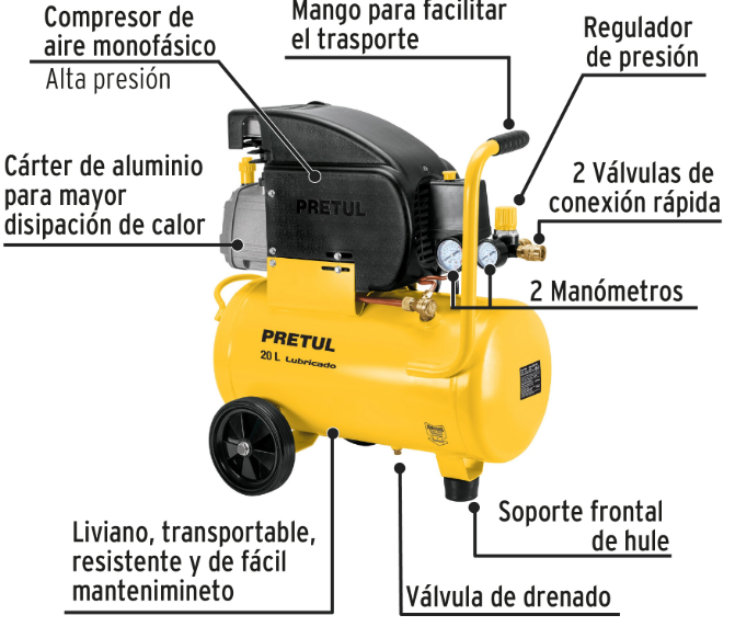 COMPRESOR DE 20L CON ACCESORIOS, PRETUL 27106 *