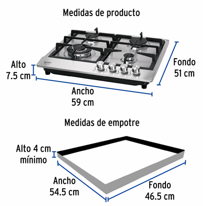 PARRILLA DE GAS EMPOTRABLE 4 QUEMADORES, ACERO INOX, FOSET 48406 *