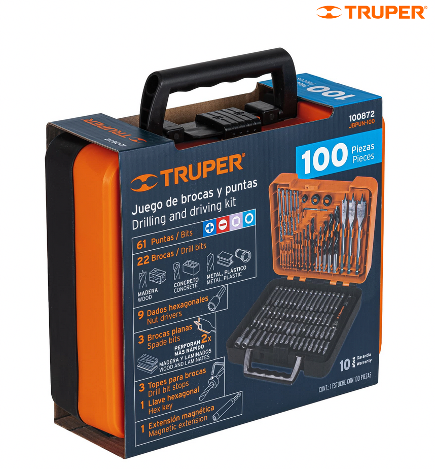 JUEGO DE 100 BROCAS Y PUNTAS EN ESTUCHE PLASTICO, TRUPER 100872 *L
