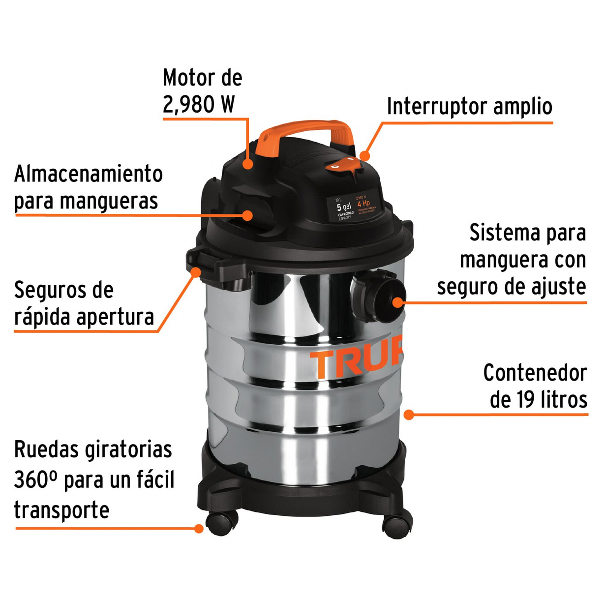 ASPIRADORA DE SOLIDOS Y LIQUIDOS DE 5 GAL EN ACERO INOX 101523 *