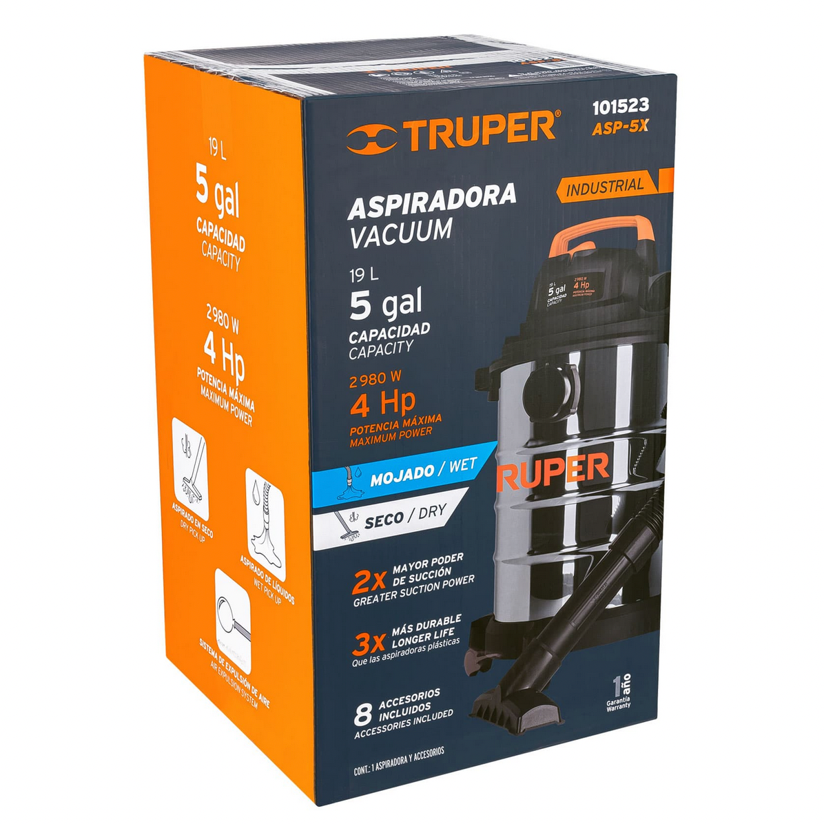 ASPIRADORA DE SOLIDOS Y LIQUIDOS DE 5 GAL EN ACERO INOX 101523 *