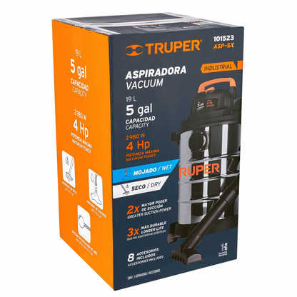 ASPIRADORA DE SOLIDOS Y LIQUIDOS DE 5 GAL EN ACERO INOX 101523 *