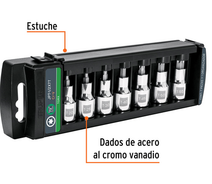 JUEGO DE 7 DADOS CUADRO 1/2' PUNTA TORX, TRUPER 102237 N