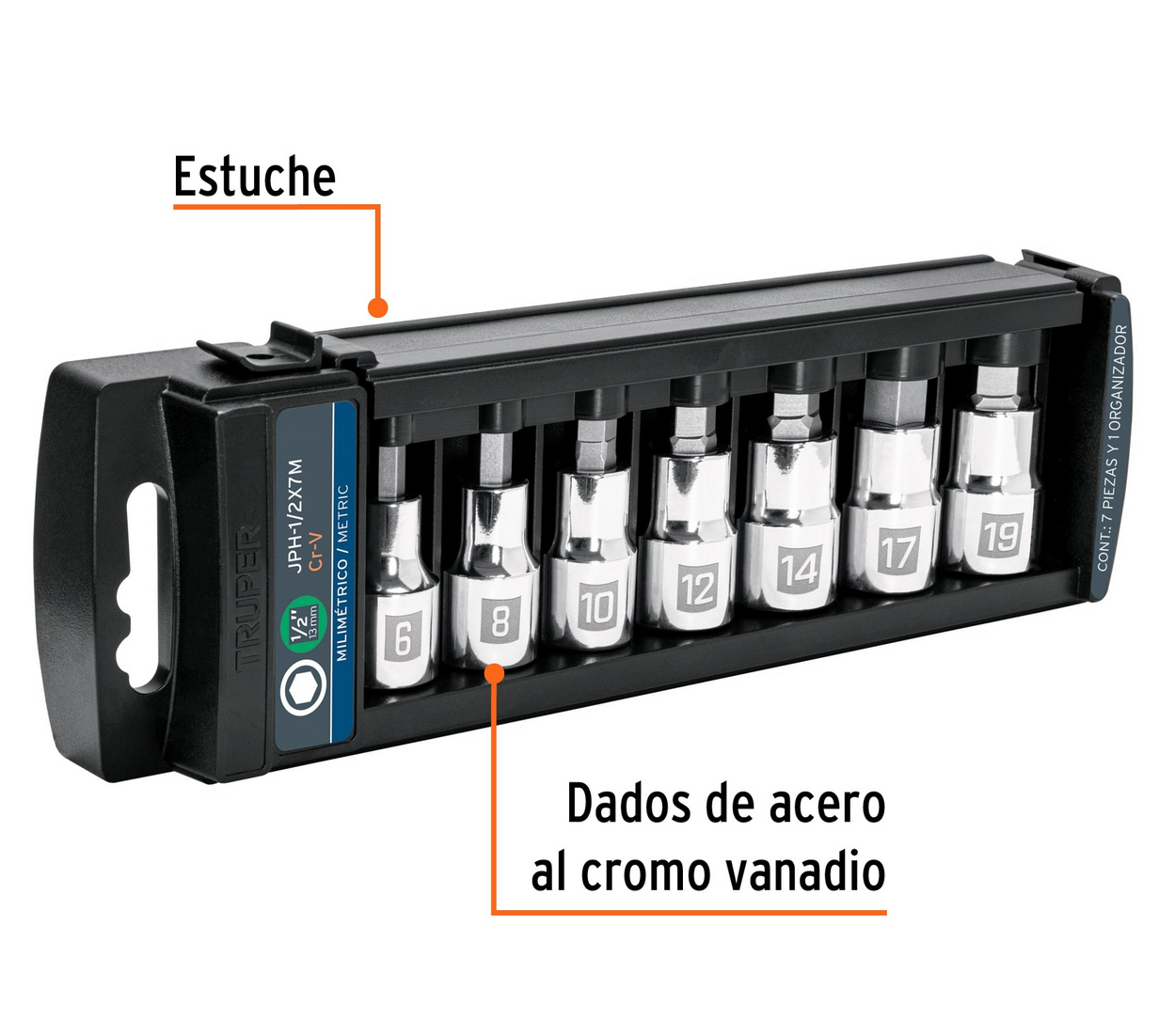 JUEGO DE 7 DADOS CUADRO 1/2' PUNTA HEXAGONAL MM, TRUPER 102238 *