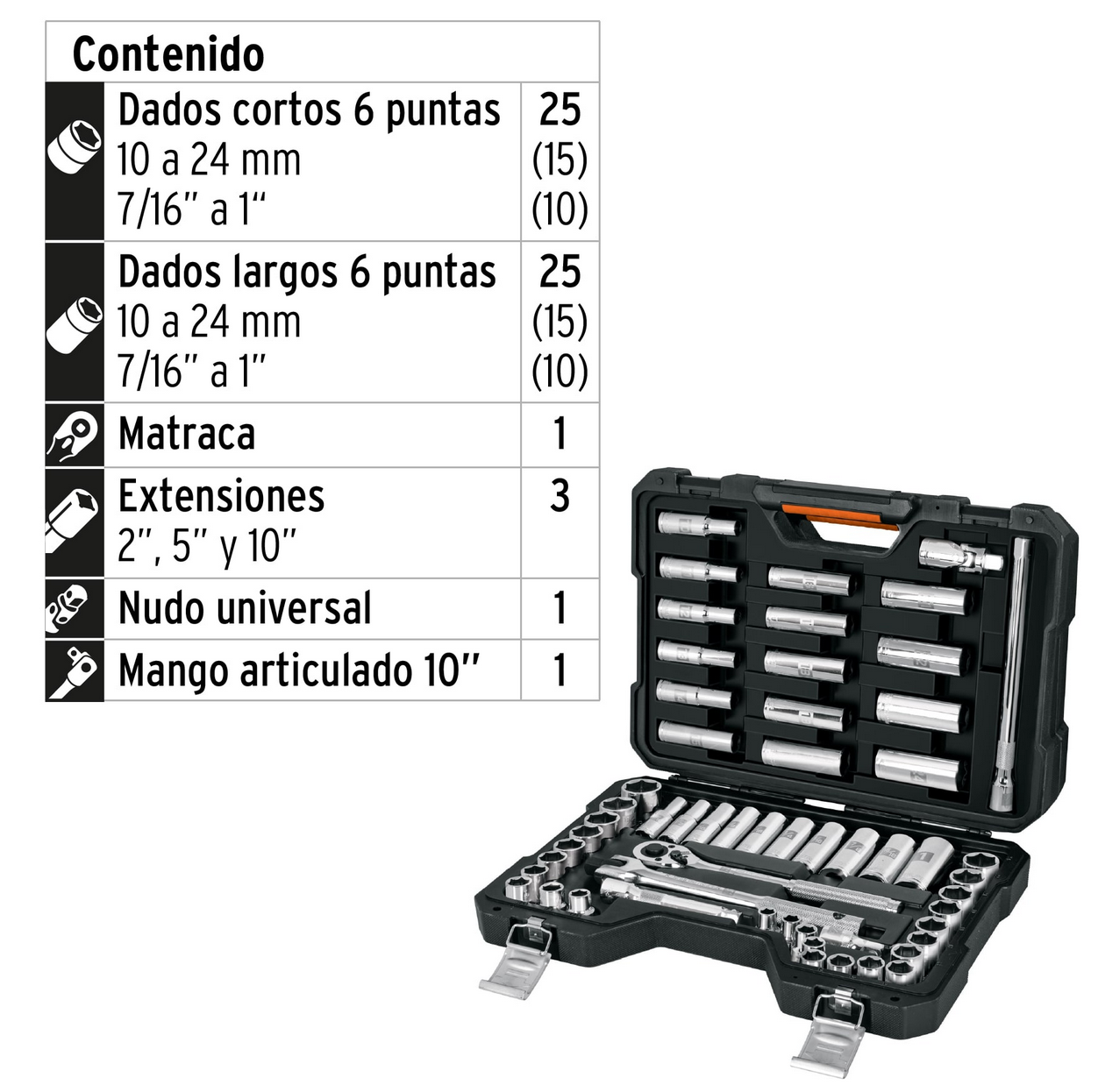 JUEGO DE 56 HERRAMIENTAS CUADRO 1/2' STD Y MM PARA MECANICO 102261 N