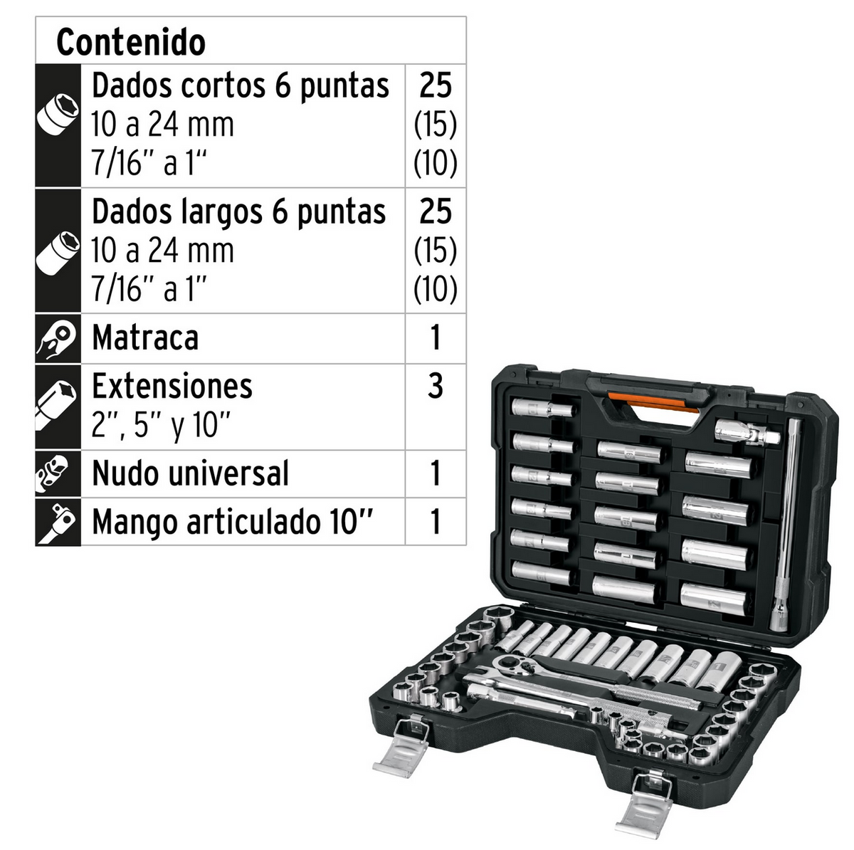 JUEGO DE 56 HERRAMIENTAS CUADRO 1/2' STD Y MM PARA MECANICO 102261 N