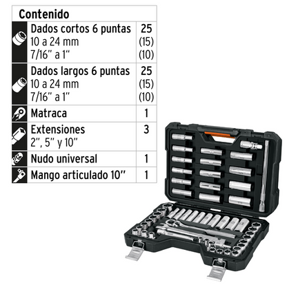JUEGO DE 56 HERRAMIENTAS CUADRO 1/2' STD Y MM PARA MECANICO 102261 N